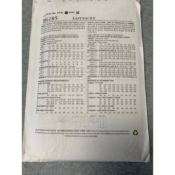 Butterick B6185 Sewing Pattern Jacket Top Skirt Pant Size 14 16 18 20 22 Uncut 2 - Picture 3 of 4